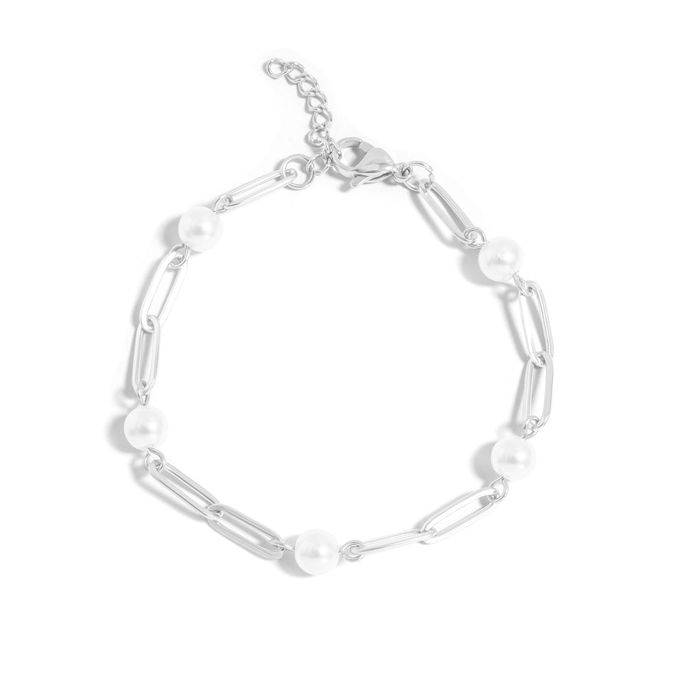 18k Gold PVD Stainless Steel Pearl Paperclip Bracelet