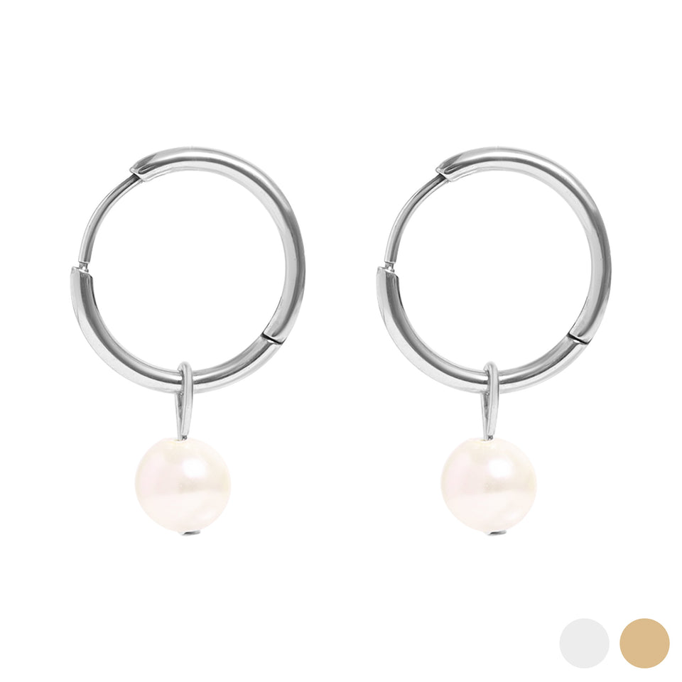 18K Gold PVD Stainless Steel Pearl Charm Huggie Hoop Earrings